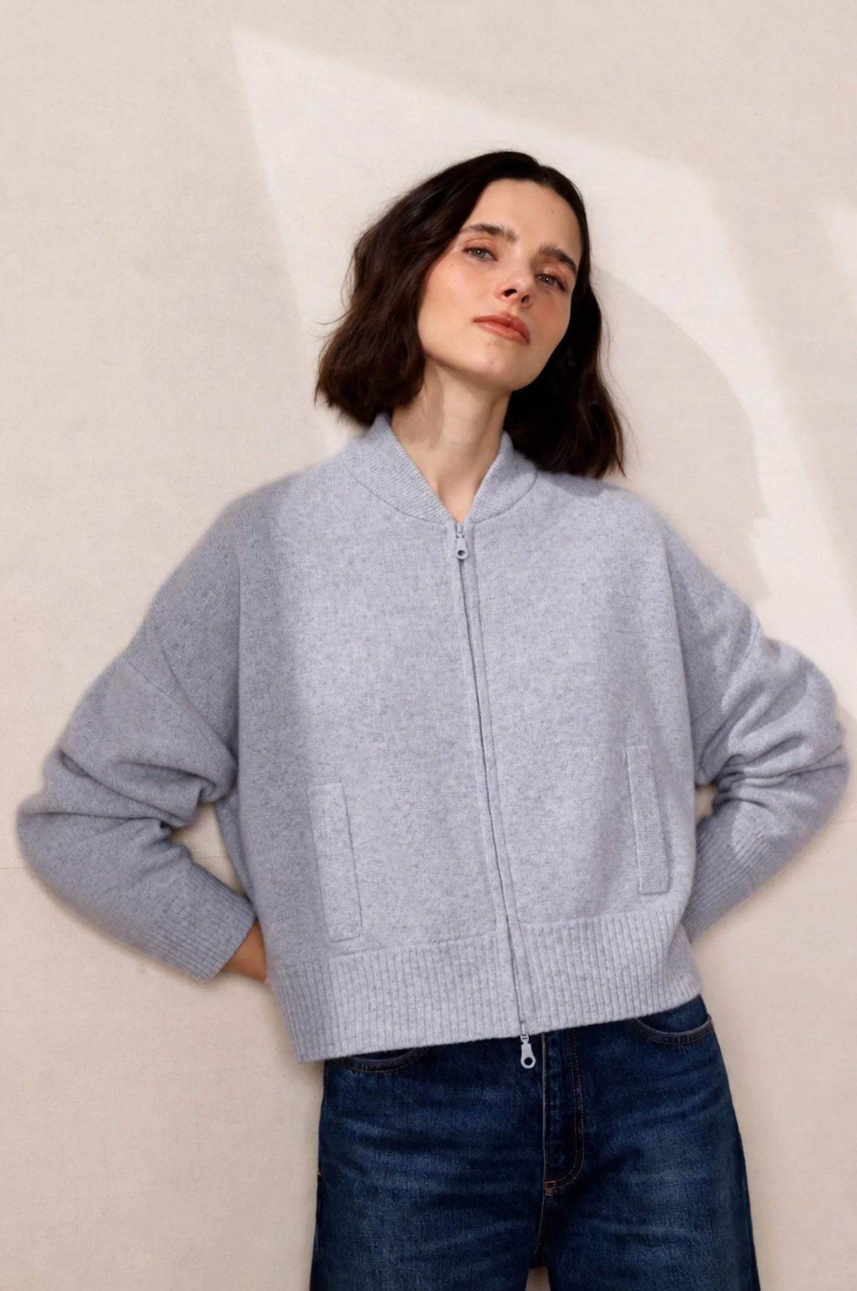 Minnie Rose Cashmere Cropped Bomber - Foxy Silver