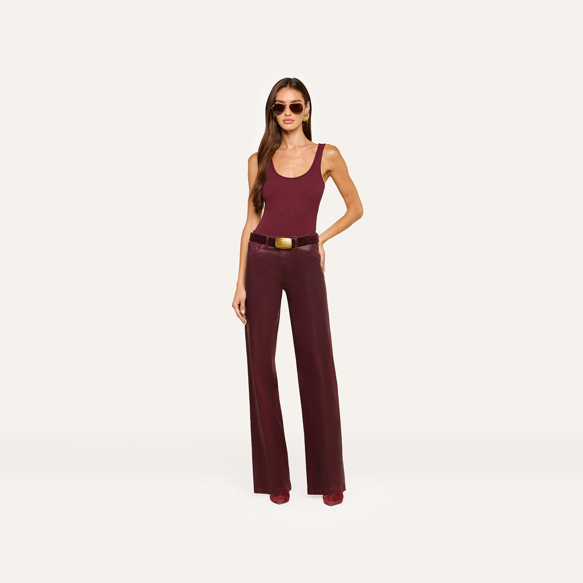 L'Agence Clayton Coated Wide-Leg Jean - Deep Sangria