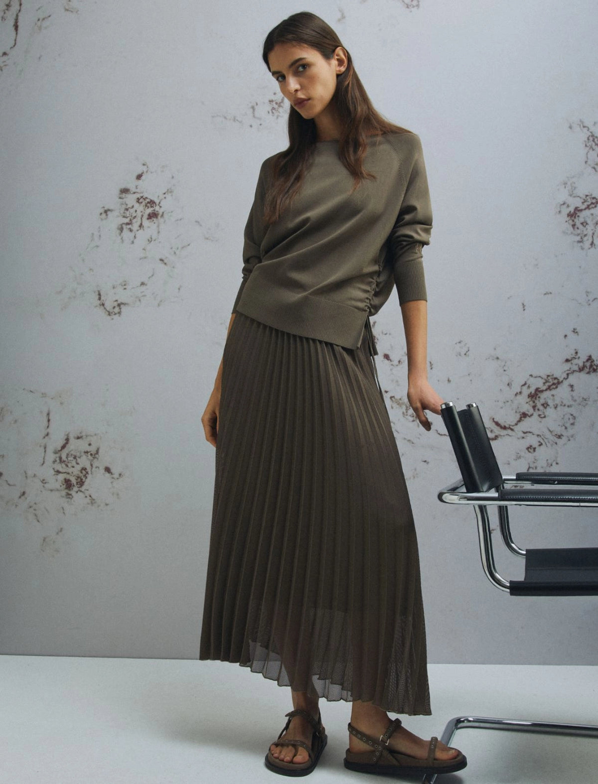 Marella Plissé-Pleated Mesh Calf-Length Skirt