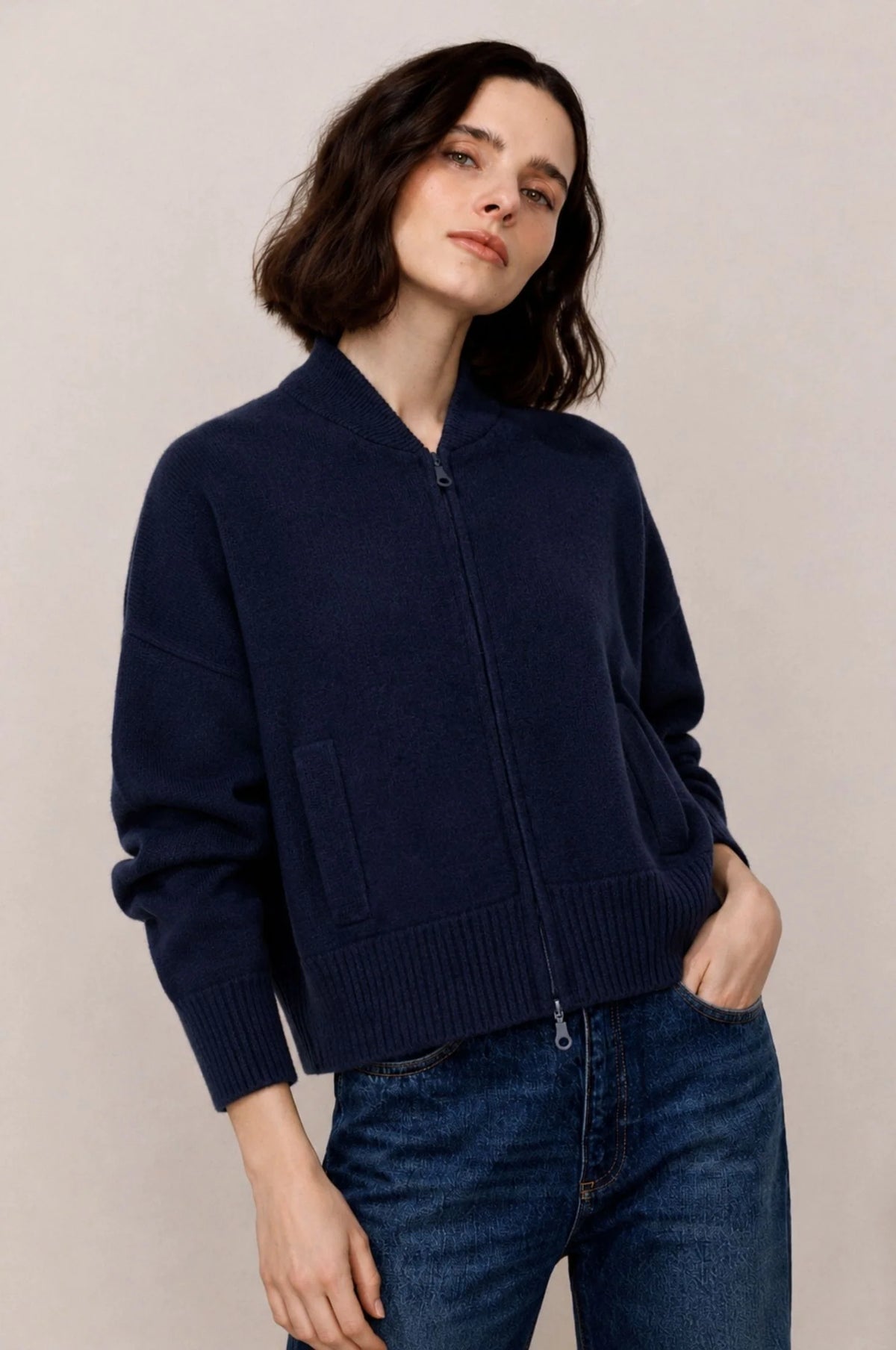Minnie Rose Cashmere Cropped Bomber - Navy