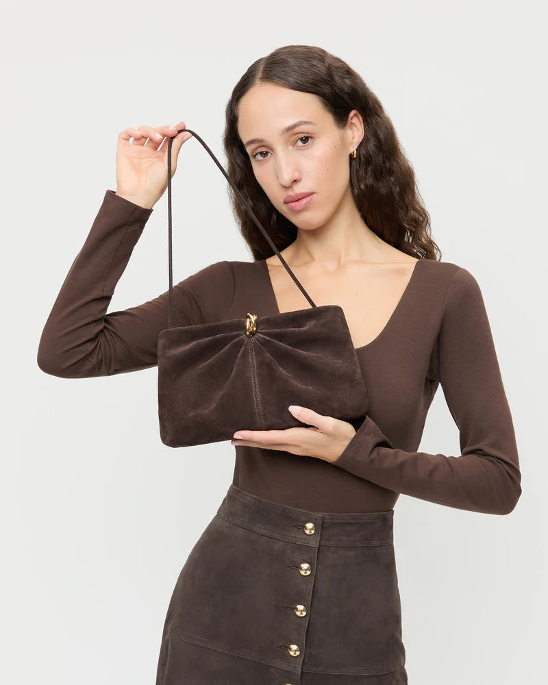 Loeffler Randall Corrine Brown Suede Gathered Clutch - Tmoro