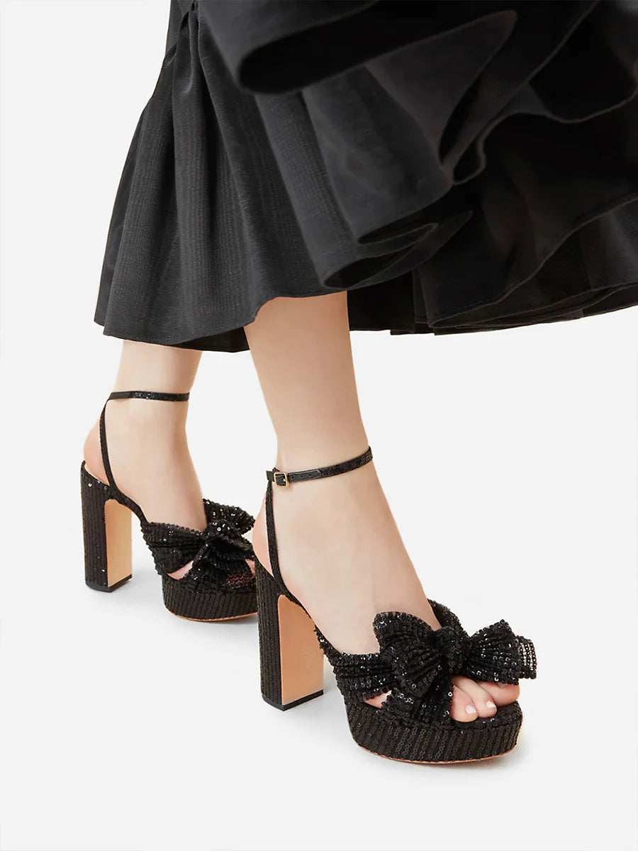 Loeffler Randall Natalia Pleated Platform Sandal - Black Sequined