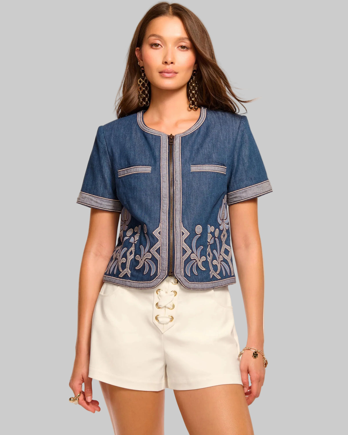 Ramy Brook Nicko Denim Embroidered Short Sleeve Jacket