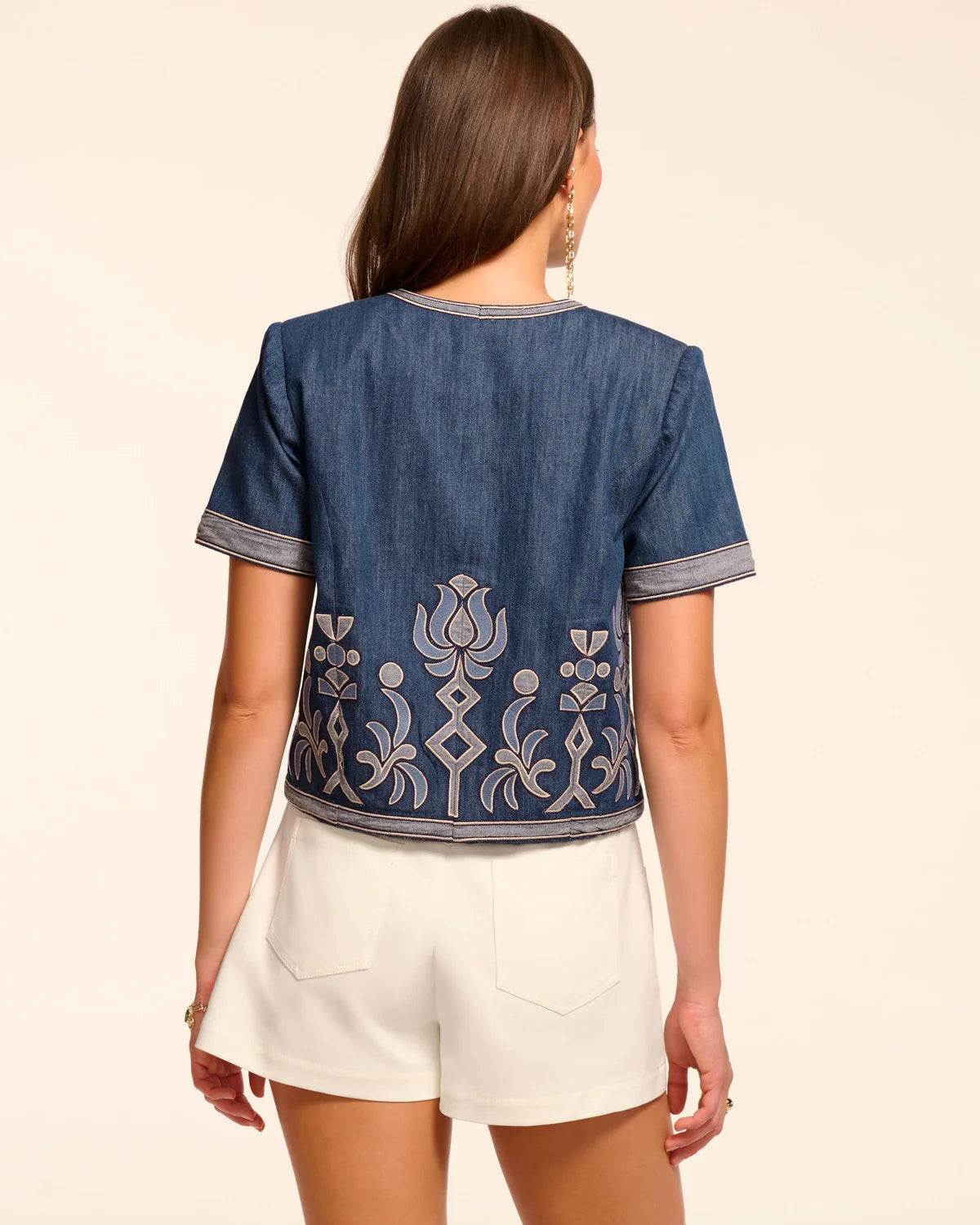 Ramy Brook Nicko Denim Embroidered Short Sleeve Jacket