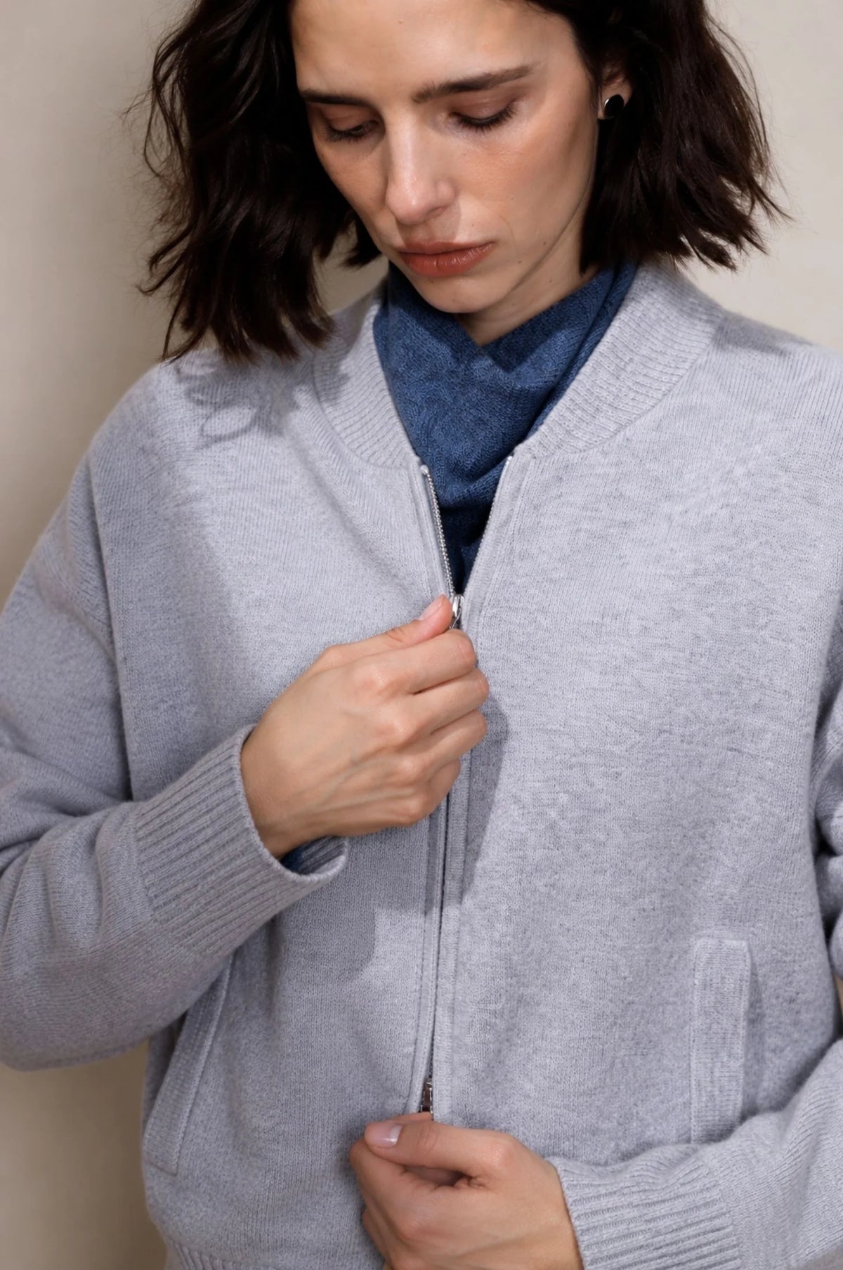 Minnie Rose Cashmere Cropped Bomber - Foxy Silver