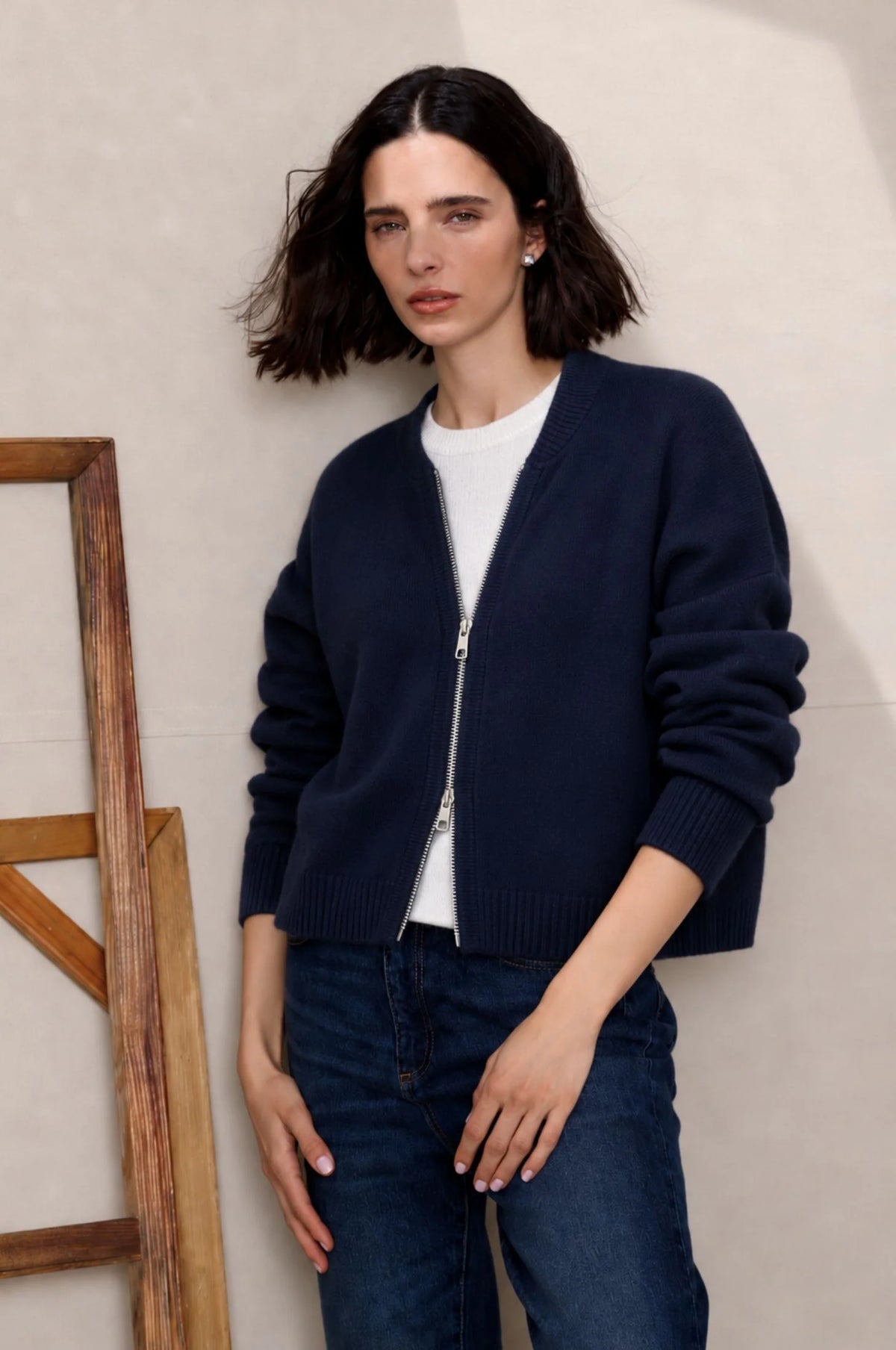 Minnie Rose Cashmere Cropped Bomber - Navy