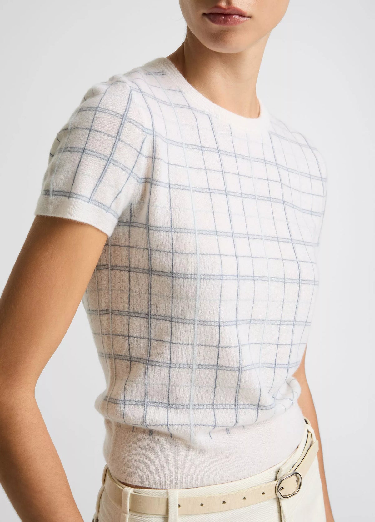 Vince Plaid Cashmere-Blend Short-Sleeve Sweater - Lagoon Combo