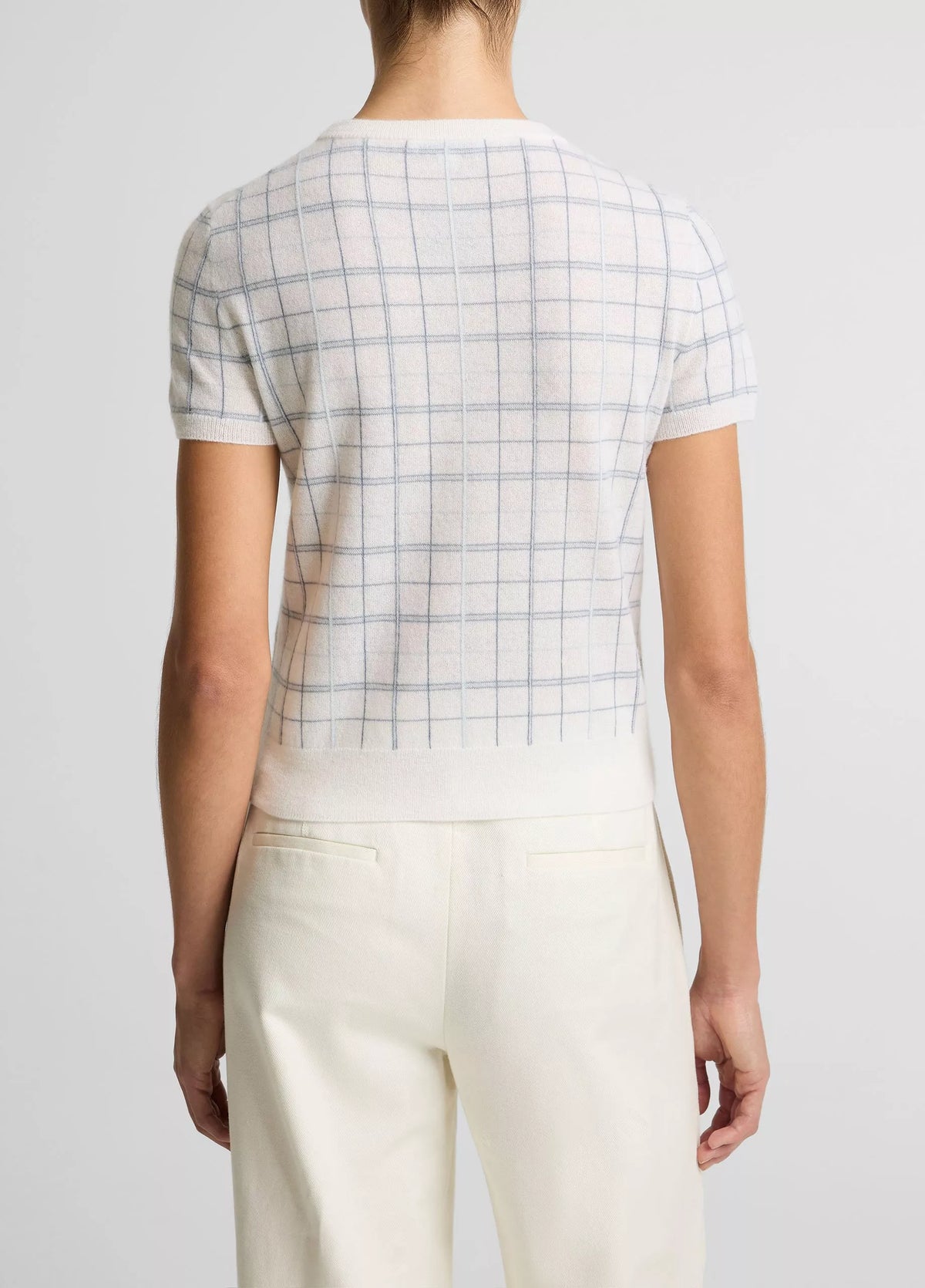 Vince Plaid Cashmere-Blend Short-Sleeve Sweater - Lagoon Combo