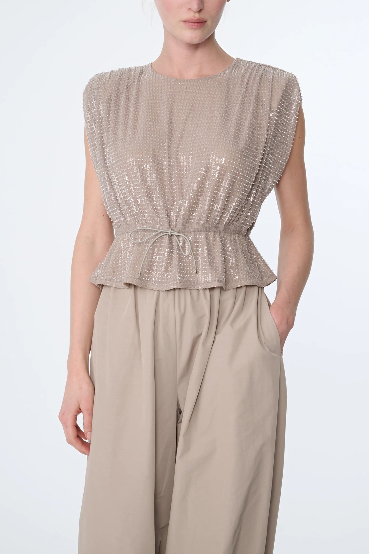 Toccin Talon Strong Shoulder Top with Drawstring Detail- Taupe